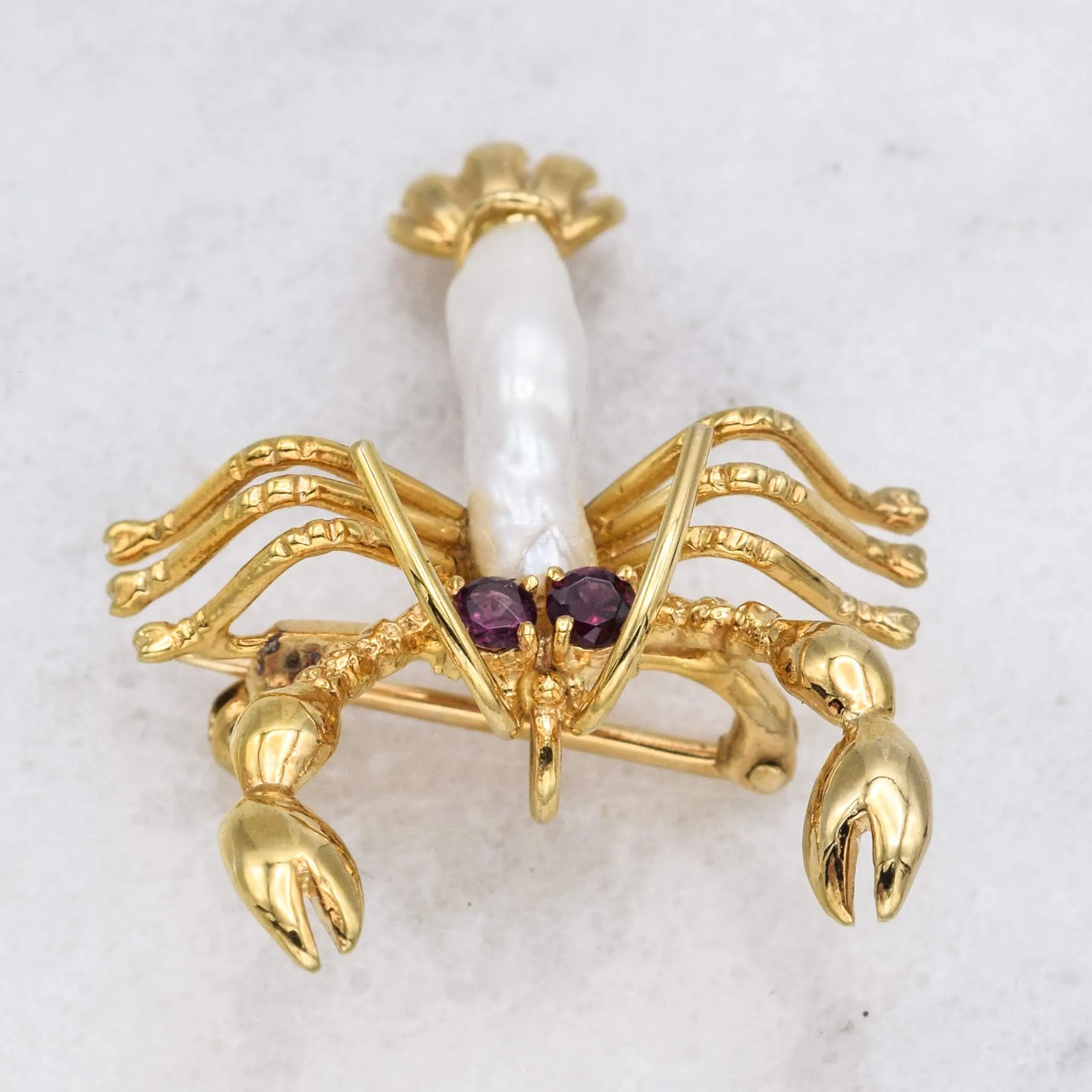 Estate 14K Yellow Gold Lobster Brooch With Baroque Pearl And Garnet