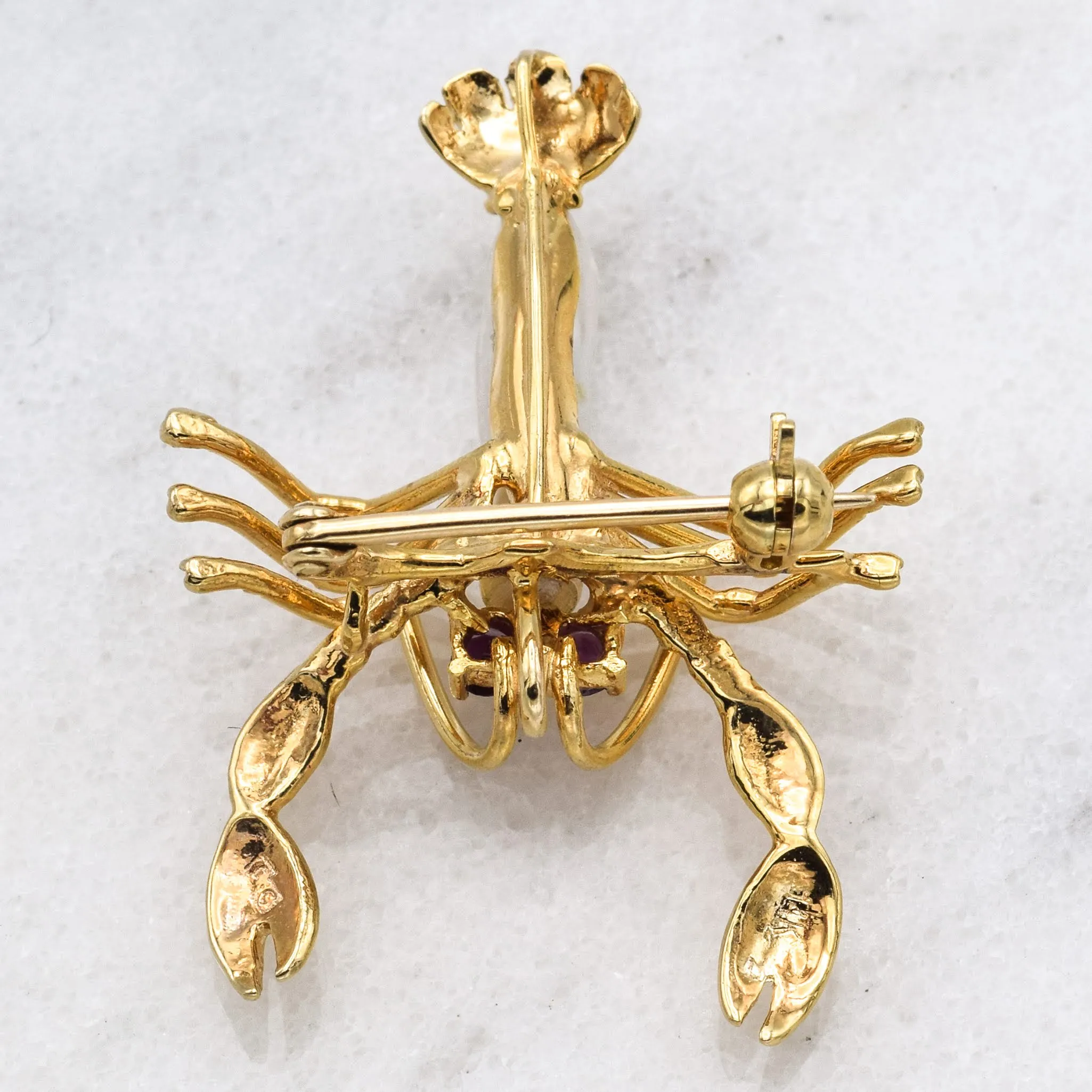 Estate 14K Yellow Gold Lobster Brooch With Baroque Pearl And Garnet