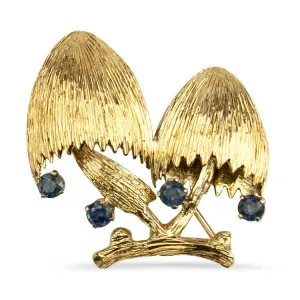 Estate 18k Yellow Gold Textured Mushroom and Blue Sapphire Pin