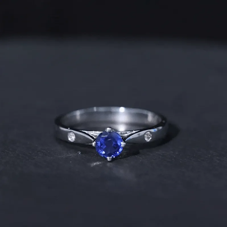 Floral Set Created Blue Sapphire Solitaire Ring with Diamond