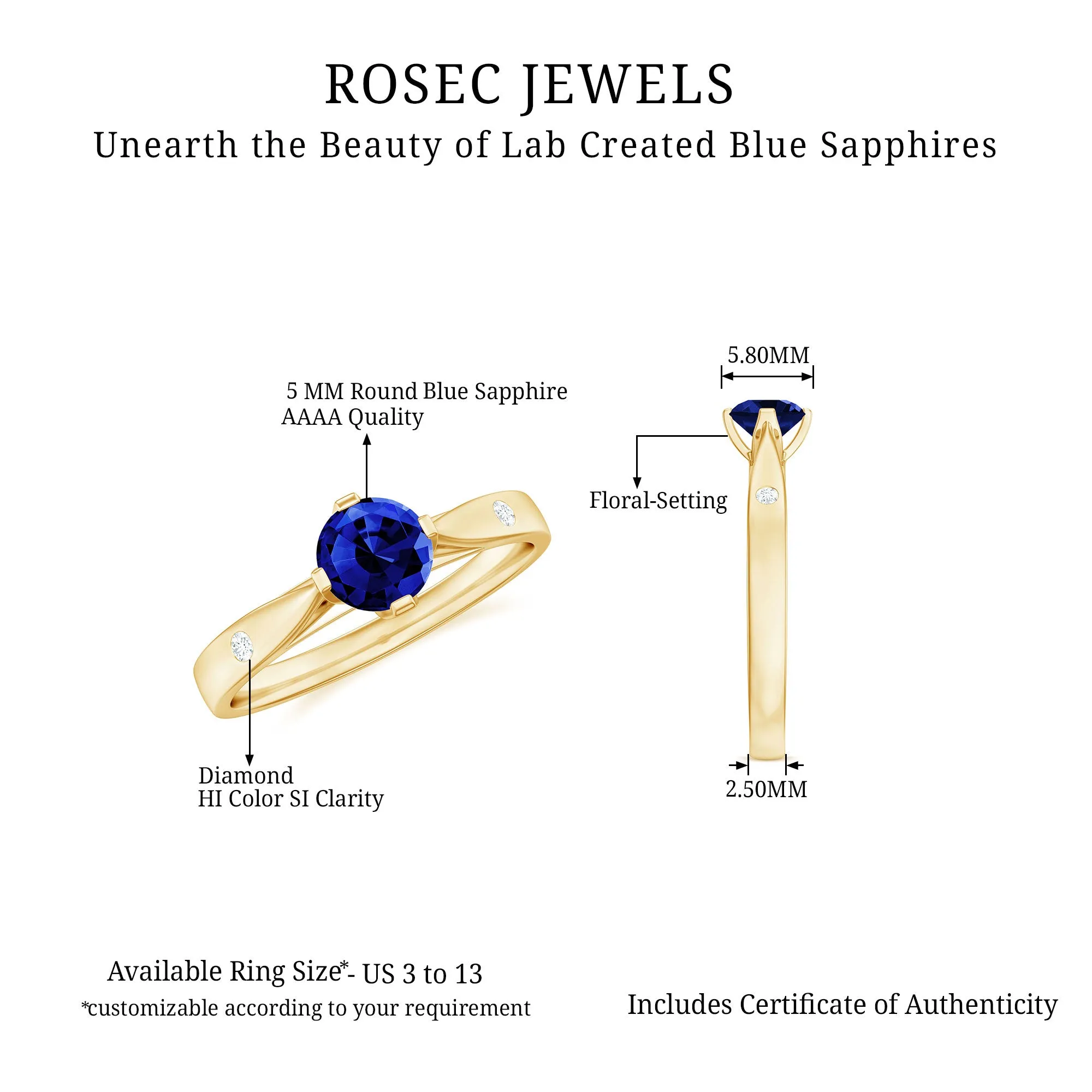 Floral Set Created Blue Sapphire Solitaire Ring with Diamond