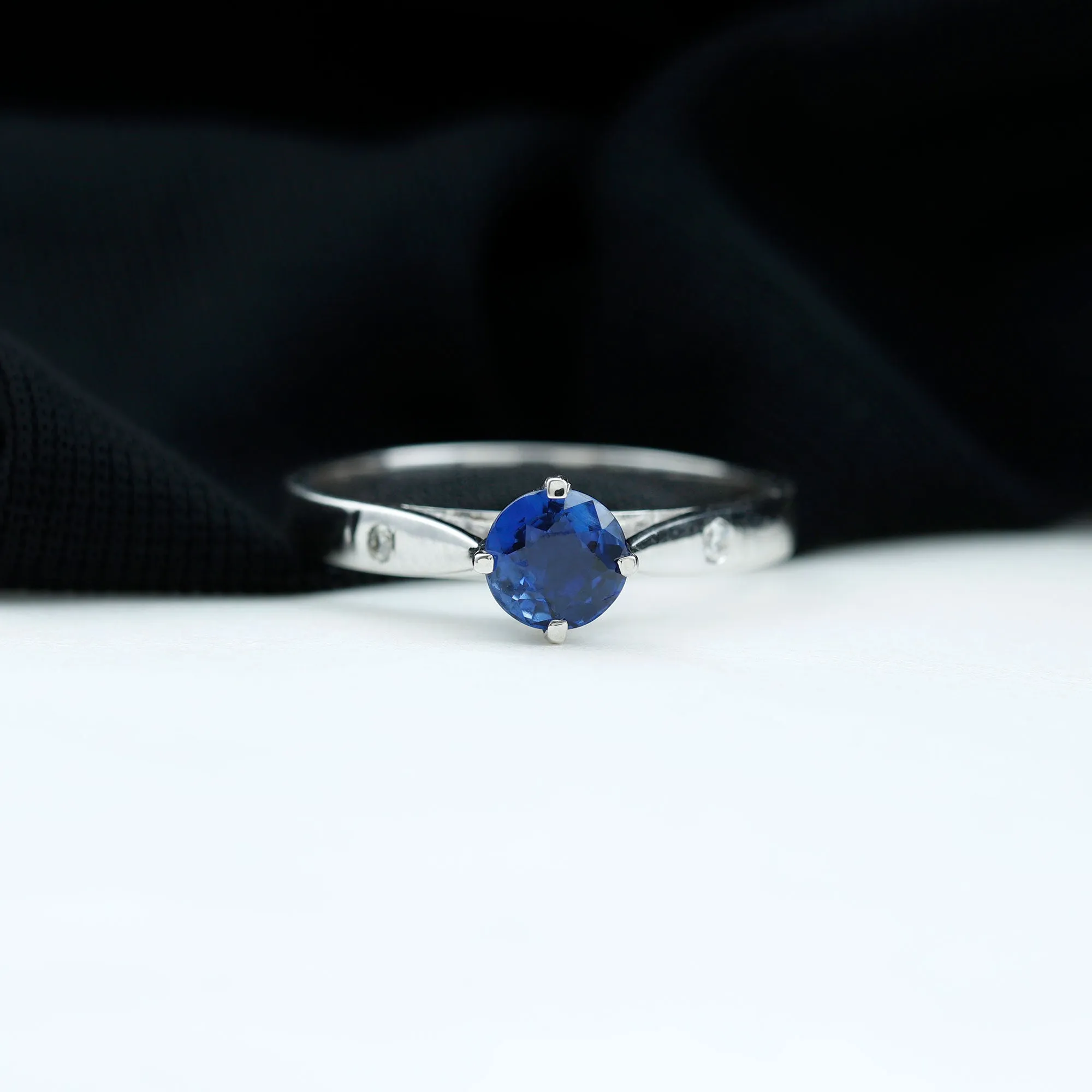 Floral Set Created Blue Sapphire Solitaire Ring with Diamond