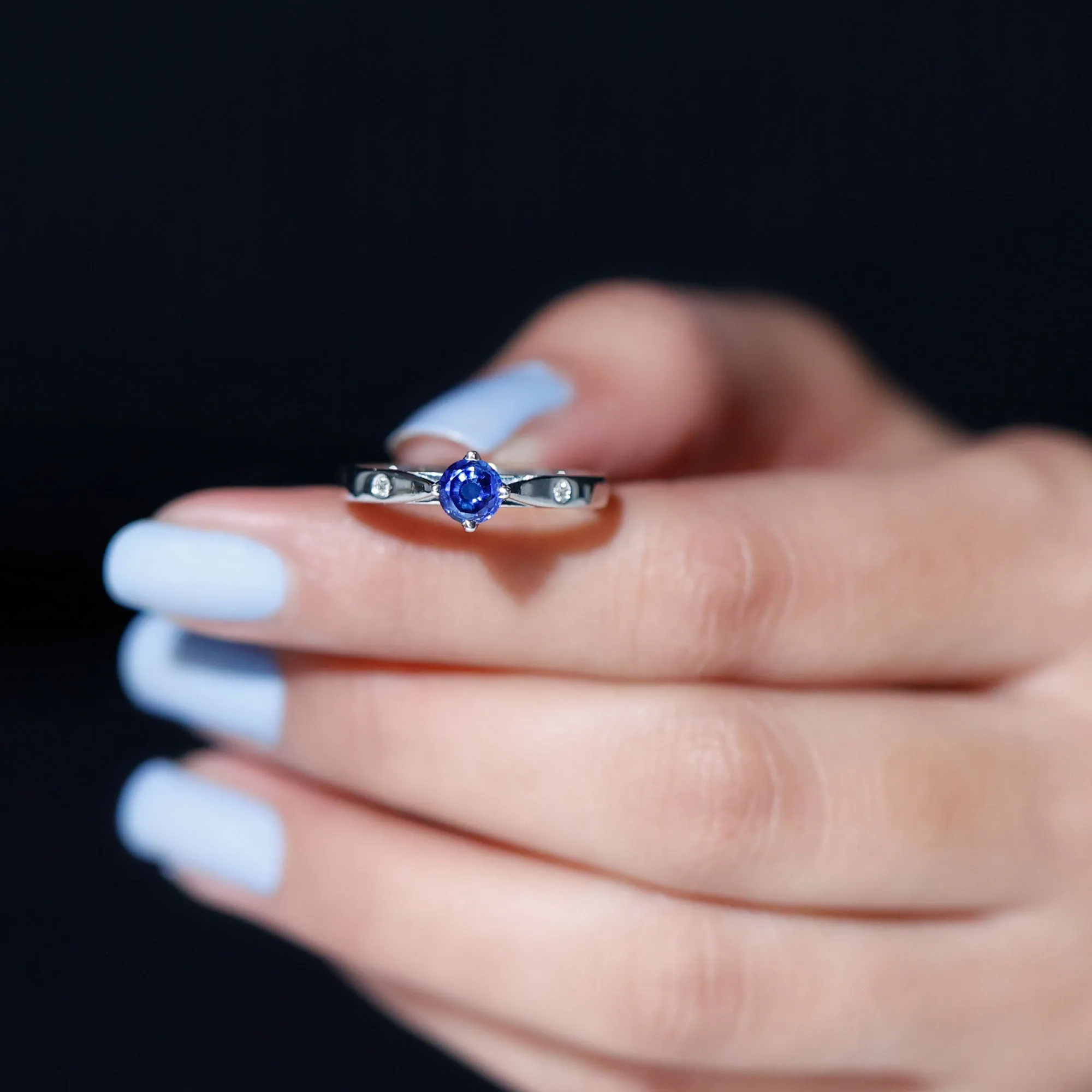 Floral Set Created Blue Sapphire Solitaire Ring with Diamond