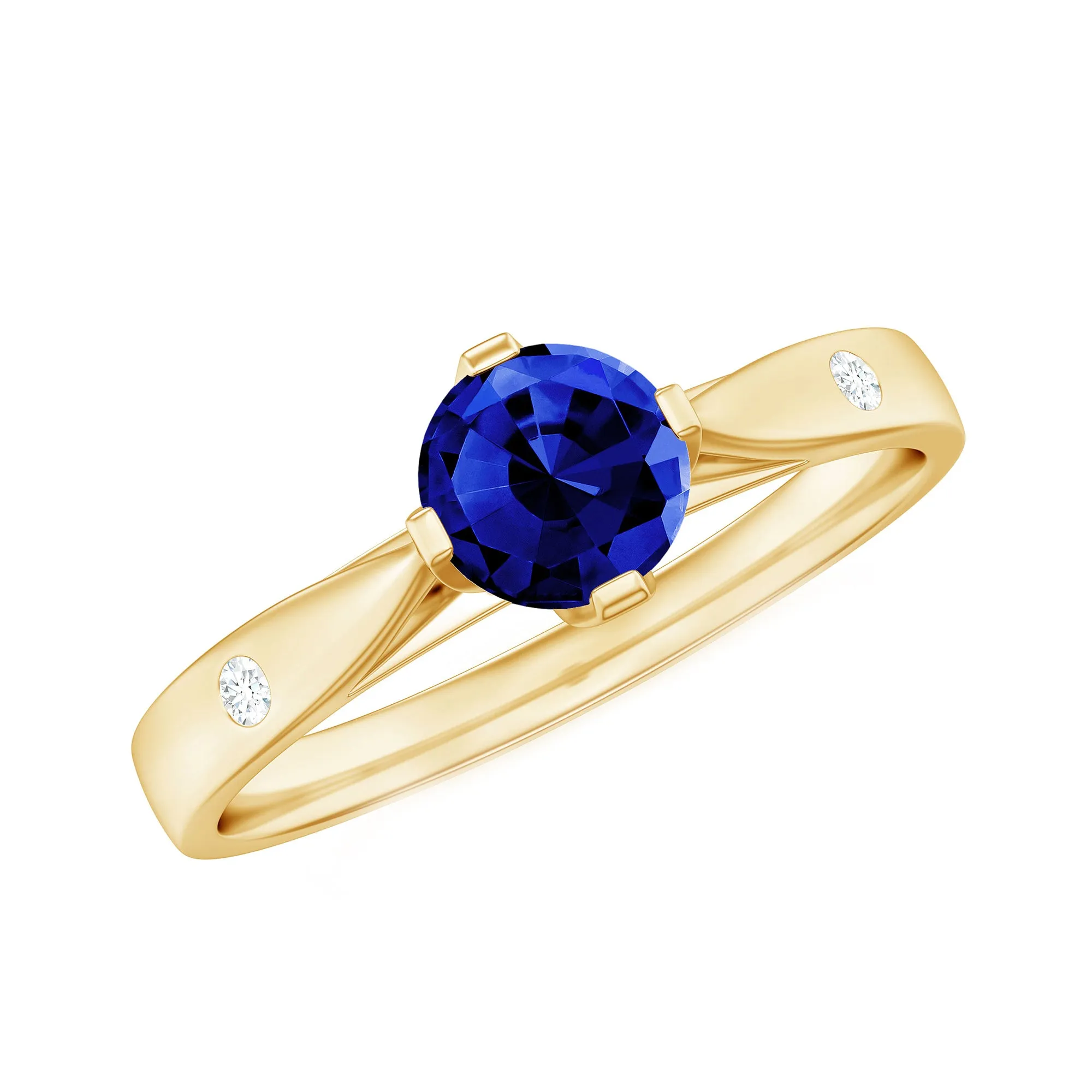 Floral Set Created Blue Sapphire Solitaire Ring with Diamond