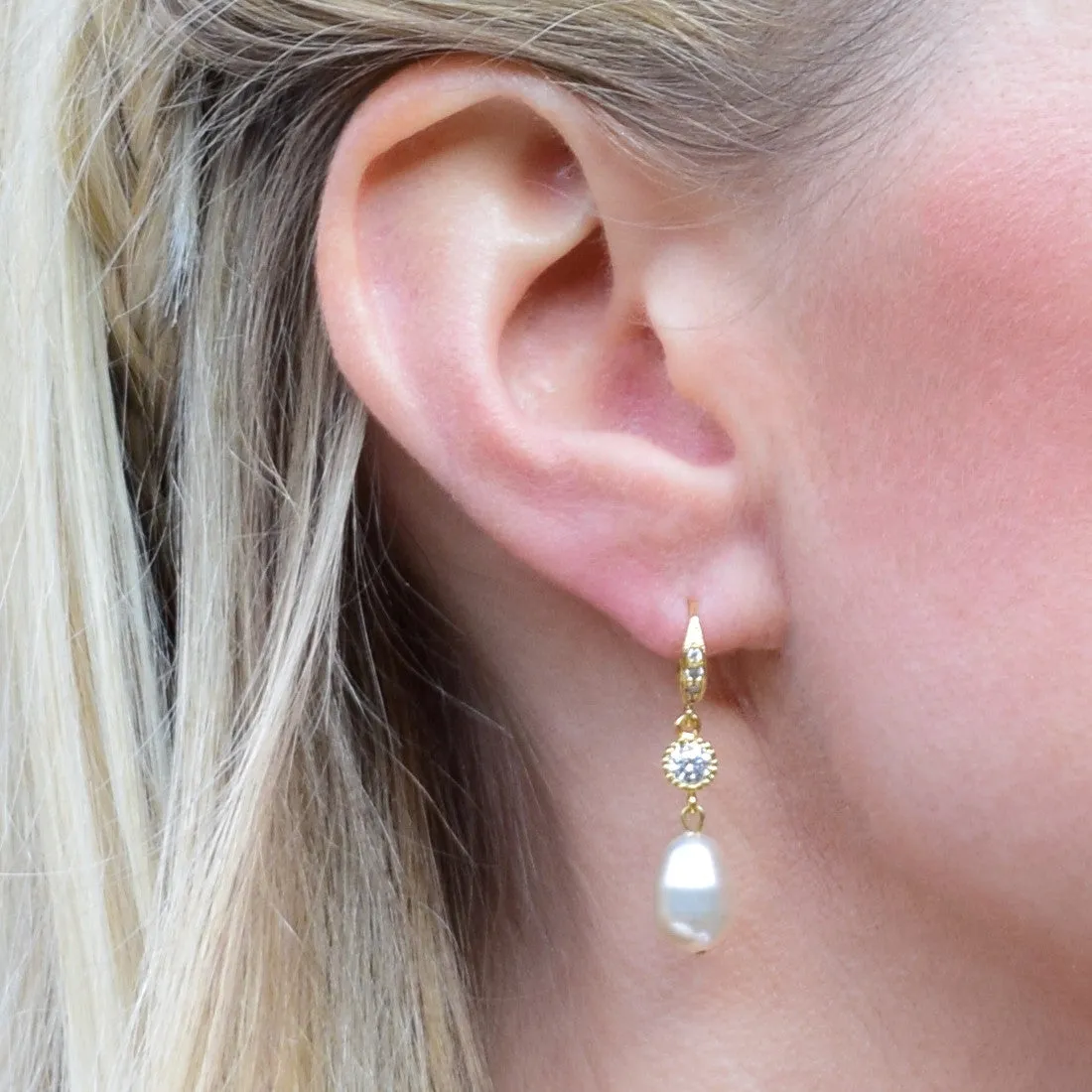 Gold Crystal And Pearl Fish Hook Earrings