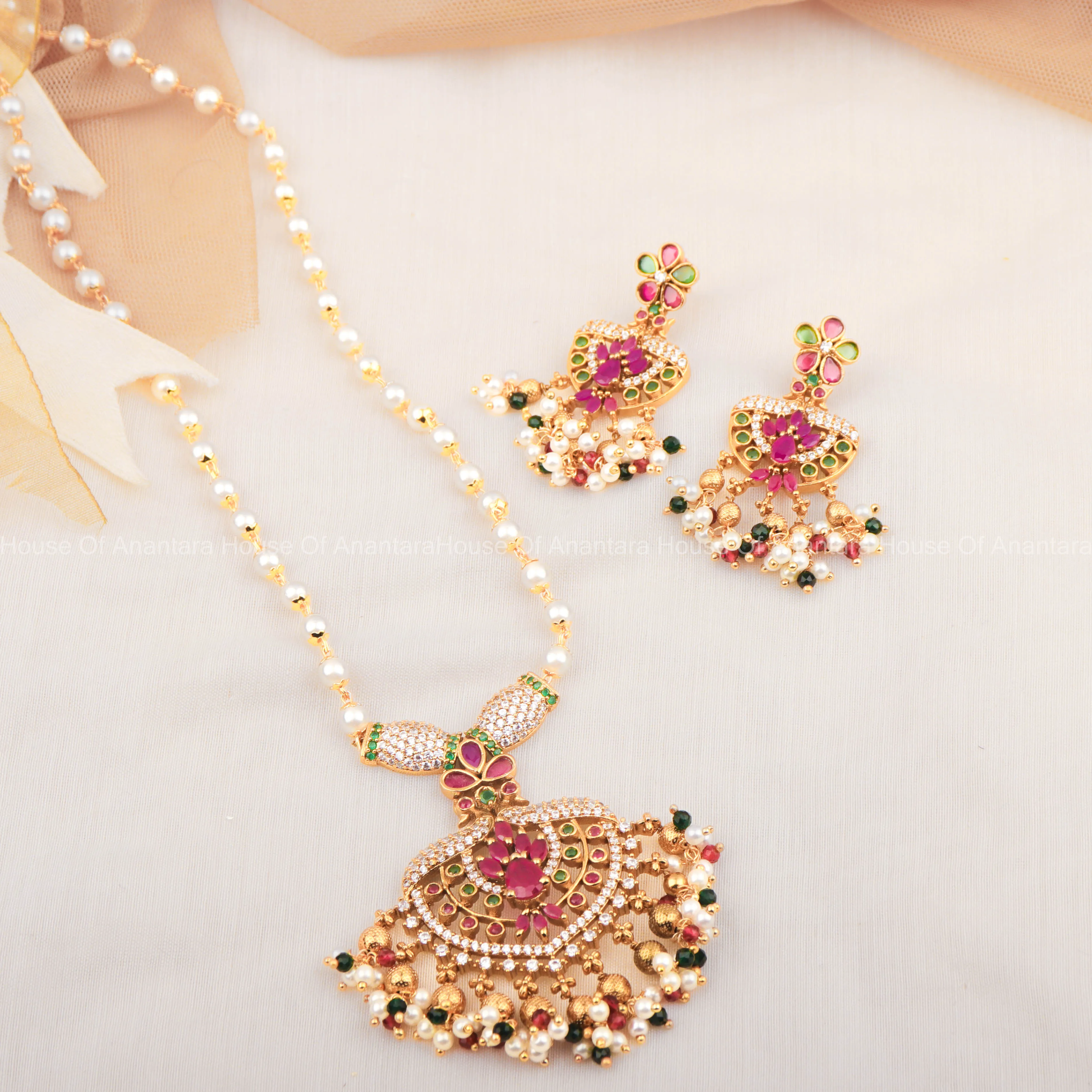 Gold Plated 24K Pearl Necklace Set With Multi Color Stones And Earrings For Women