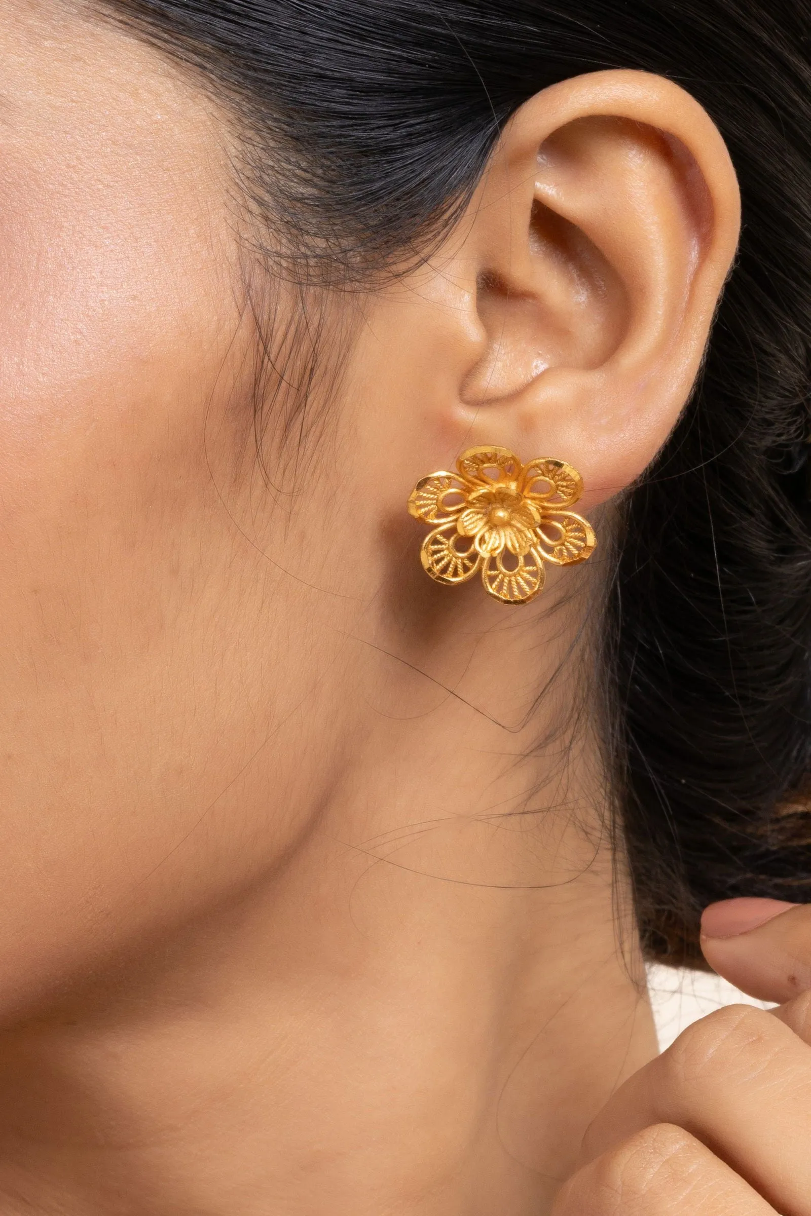 Gold Plated Double Floral Stud Earrings - Copper Jewelry with Luxurious Shine