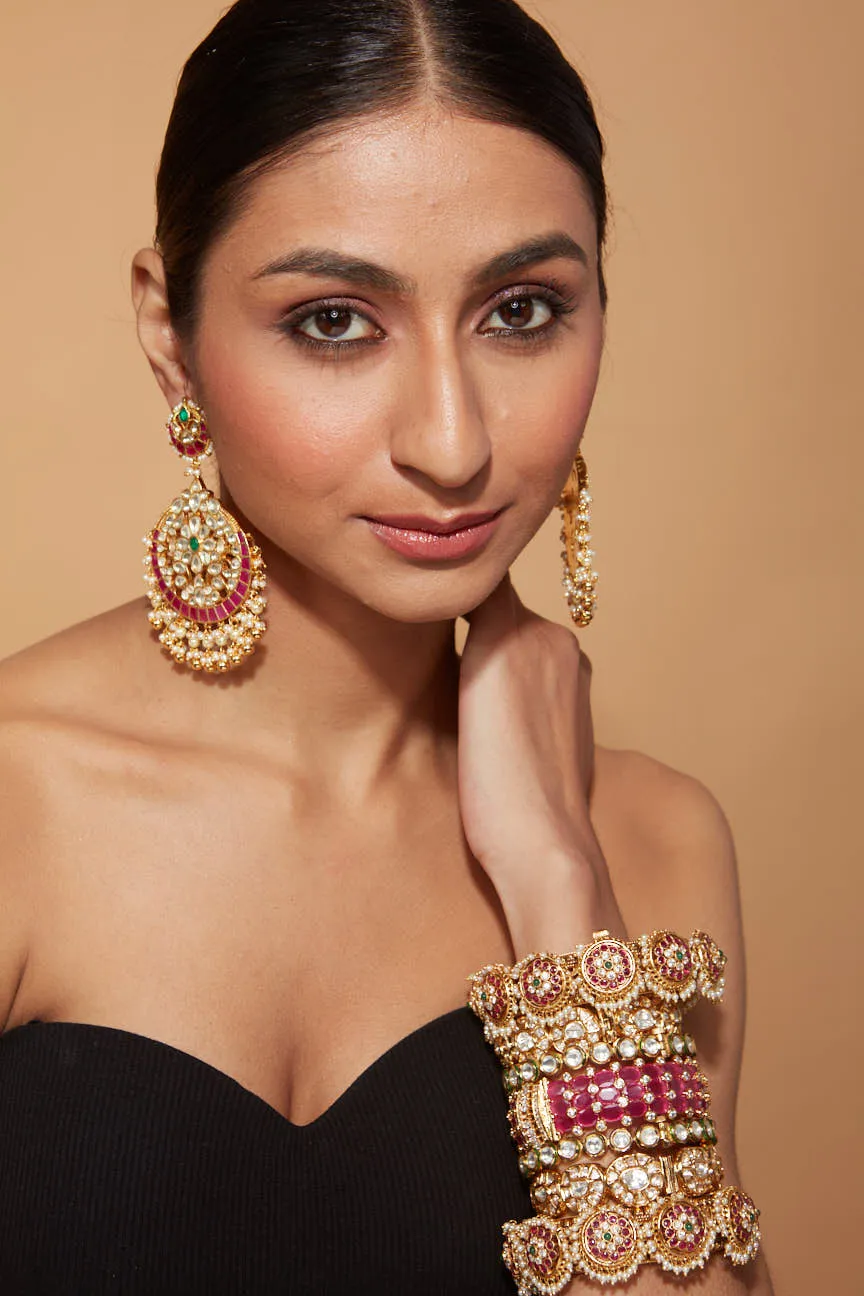 Gold Plated Kundan Studded With Multi Colour Onyx Chaandbali Earrings