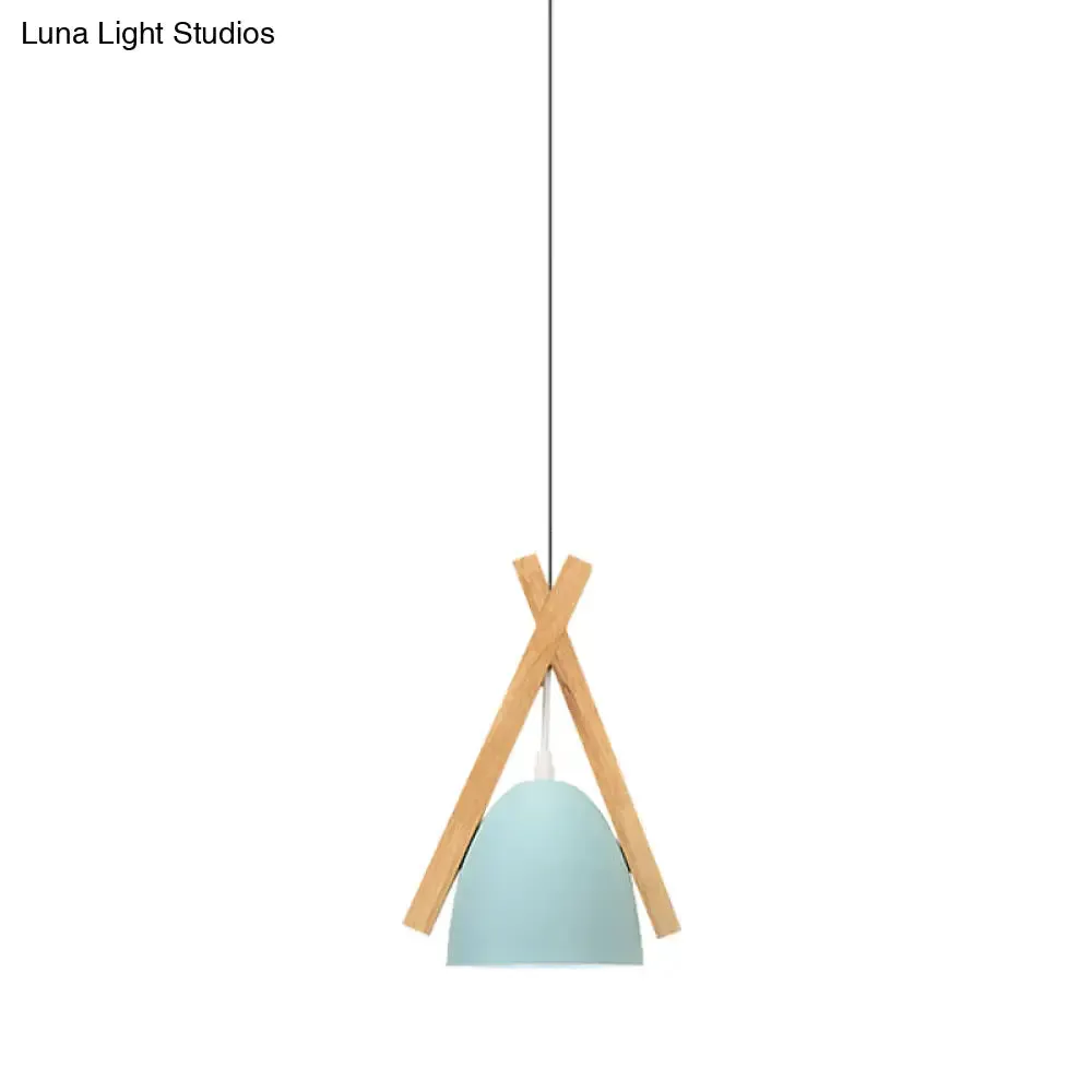 Hanging Bowl Shape Pendant Light with Linear Wood Deco - Stylish Macaron Loft Aluminum Light for Hallways