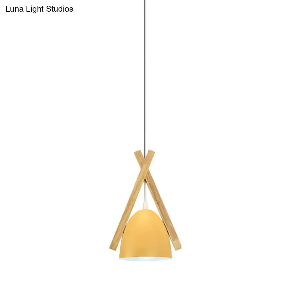 Hanging Bowl Shape Pendant Light with Linear Wood Deco - Stylish Macaron Loft Aluminum Light for Hallways