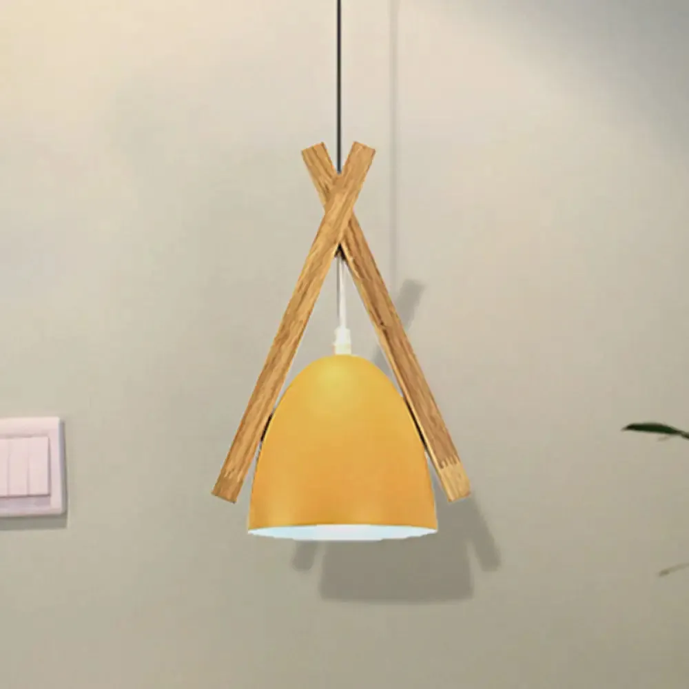 Hanging Bowl Shape Pendant Light with Linear Wood Deco - Stylish Macaron Loft Aluminum Light for Hallways