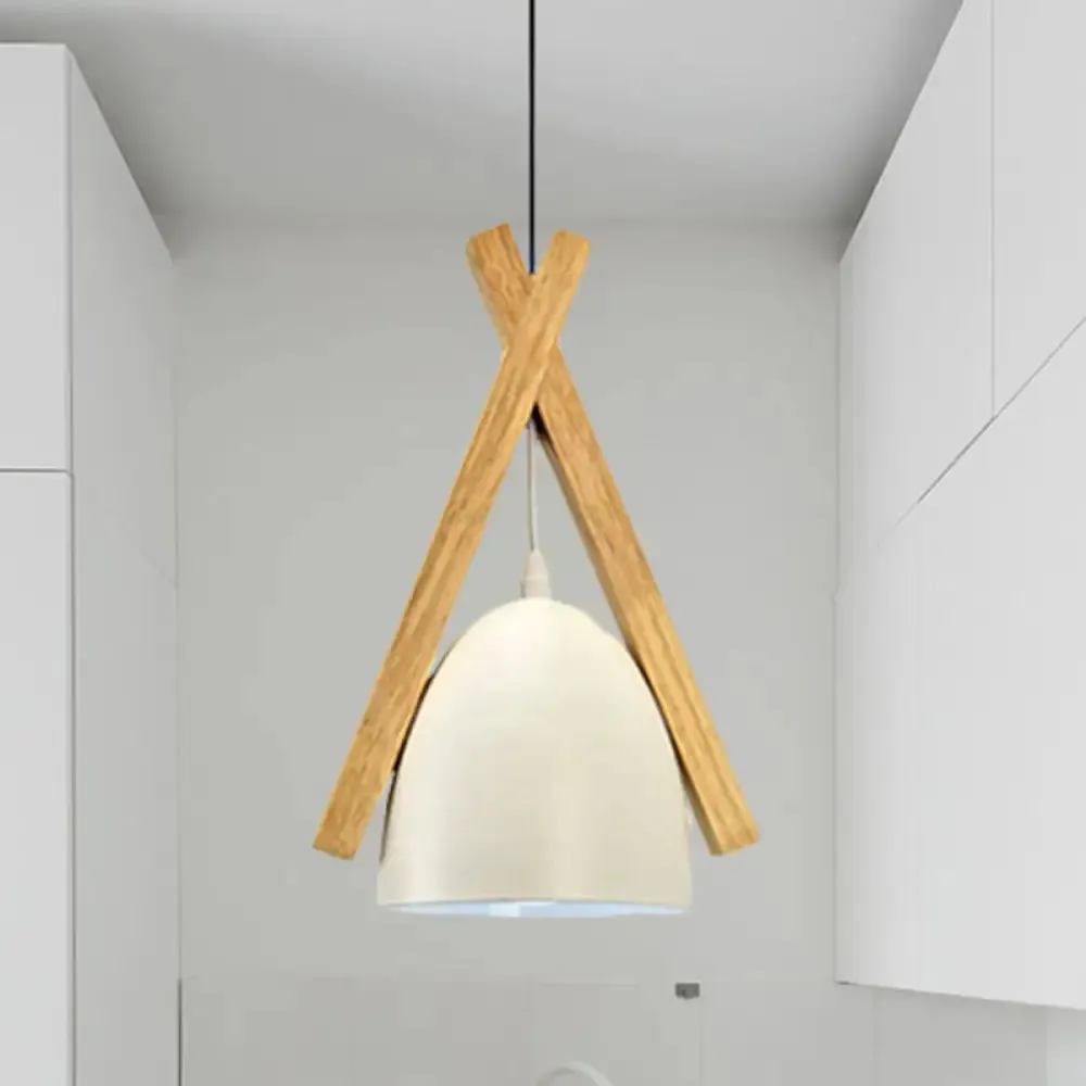 Hanging Bowl Shape Pendant Light with Linear Wood Deco - Stylish Macaron Loft Aluminum Light for Hallways