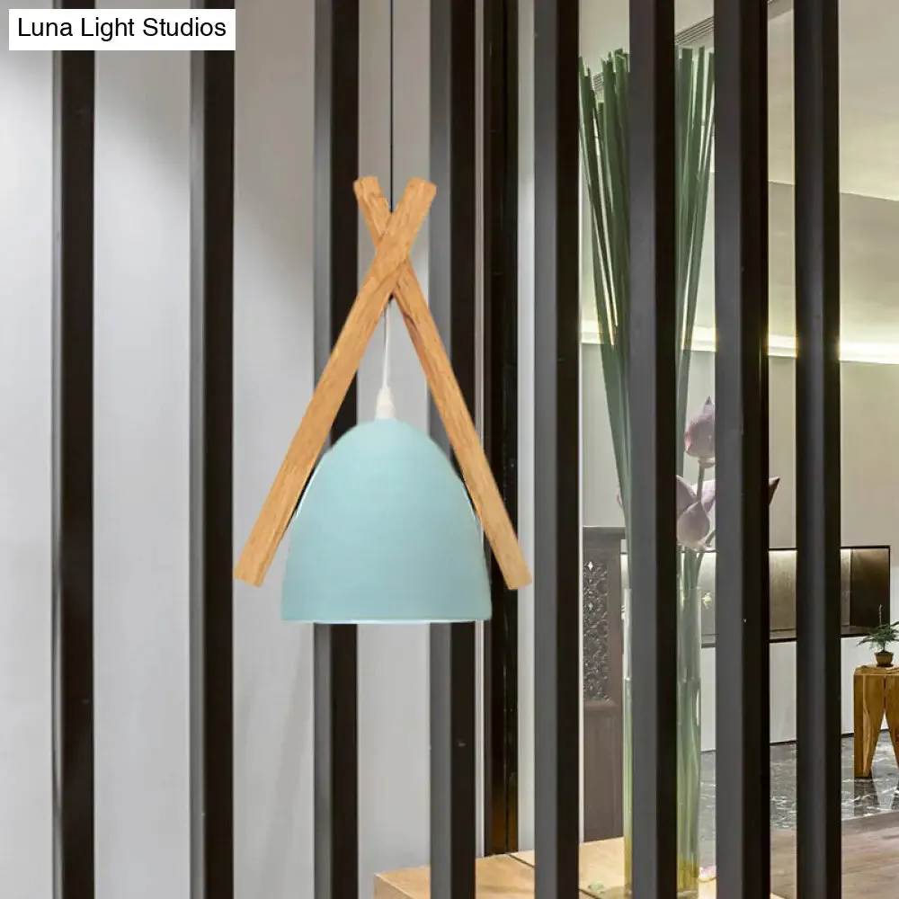 Hanging Bowl Shape Pendant Light with Linear Wood Deco - Stylish Macaron Loft Aluminum Light for Hallways