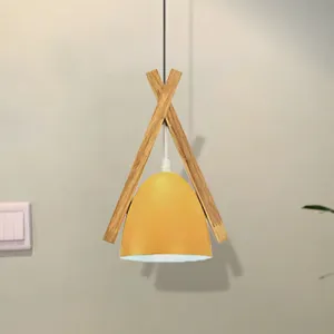 Hanging Bowl Shape Pendant Light with Linear Wood Deco - Stylish Macaron Loft Aluminum Light for Hallways