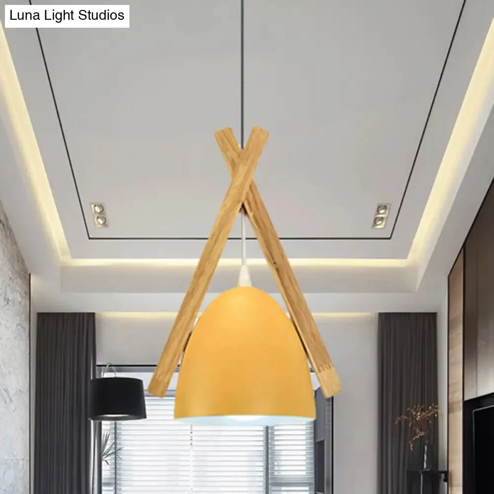 Hanging Bowl Shape Pendant Light with Linear Wood Deco - Stylish Macaron Loft Aluminum Light for Hallways