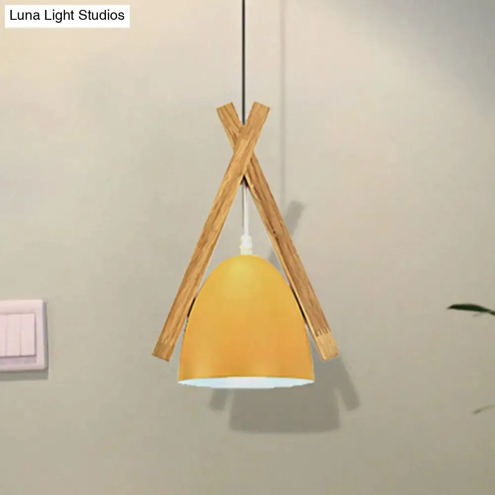 Hanging Bowl Shape Pendant Light with Linear Wood Deco - Stylish Macaron Loft Aluminum Light for Hallways