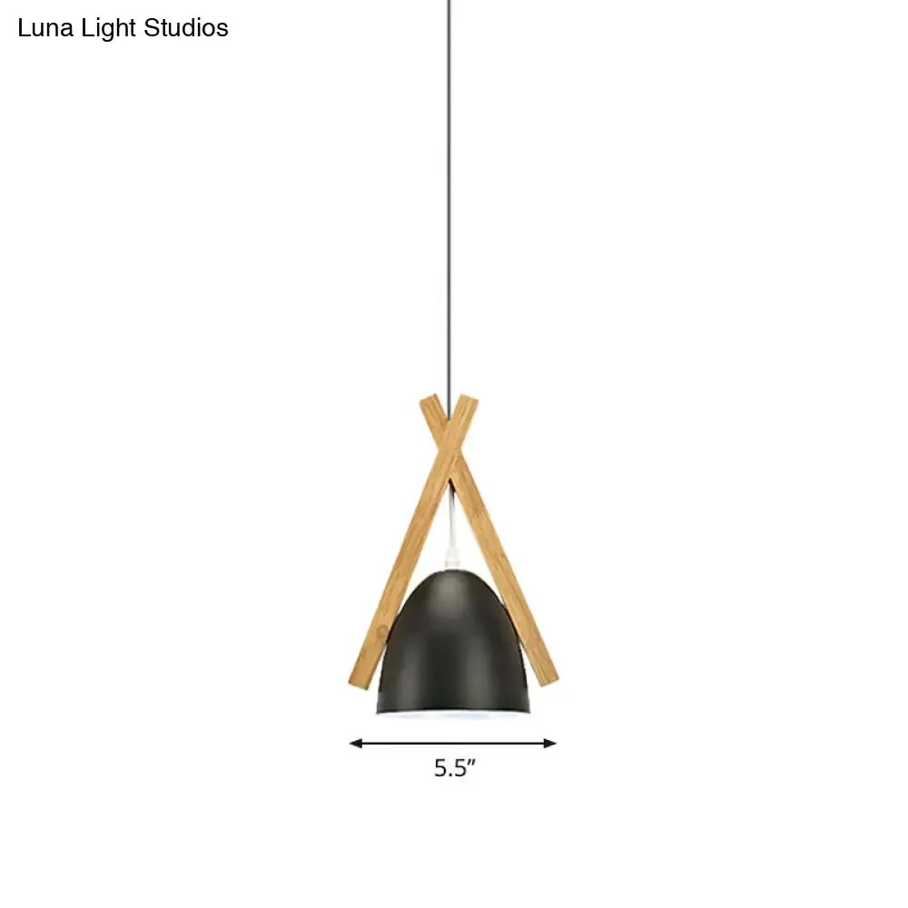 Hanging Bowl Shape Pendant Light with Linear Wood Deco - Stylish Macaron Loft Aluminum Light for Hallways