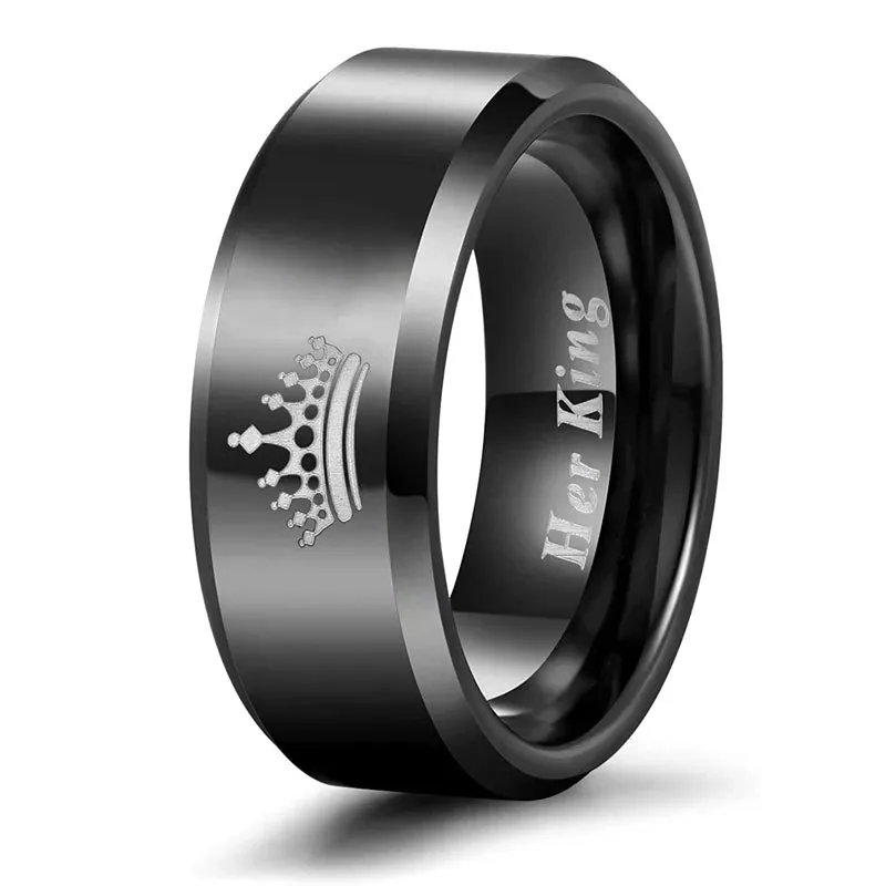 His and Her Tungsten with Engraved Crown King and Queen Couple Ring Set