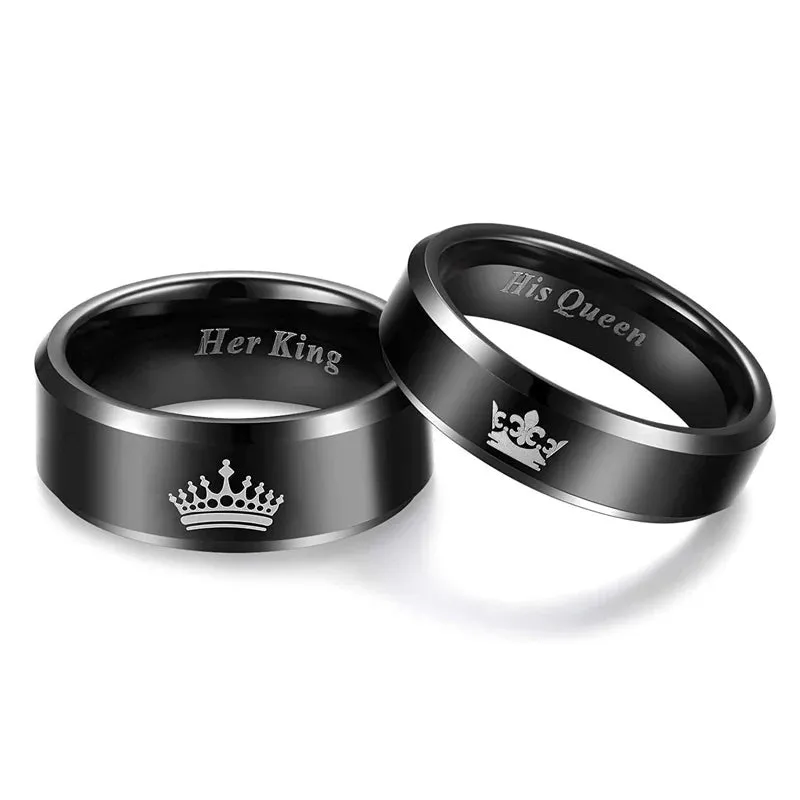 His and Her Tungsten with Engraved Crown King and Queen Couple Ring Set