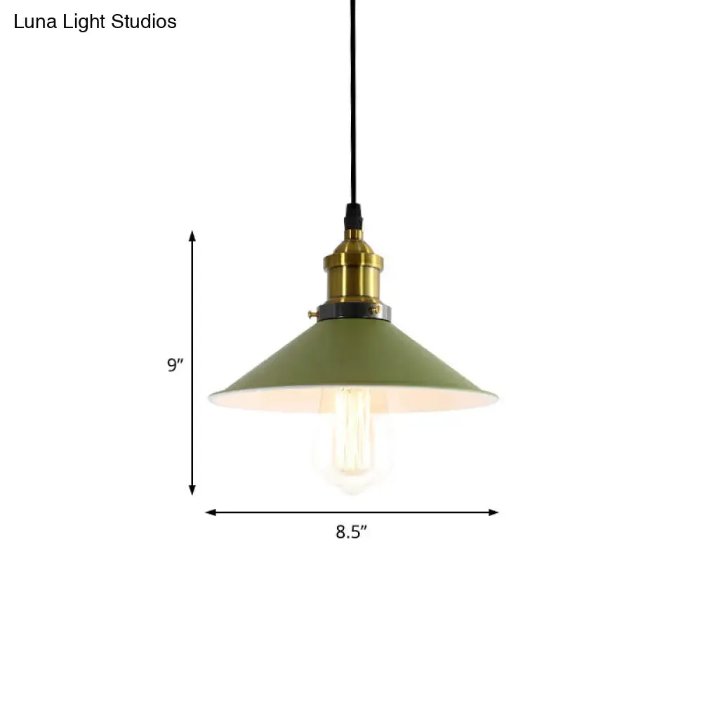 Industrial Metal Cone Pendant Light with Green/Grey Shade for Restaurants - 1-Light Hanging Lamp