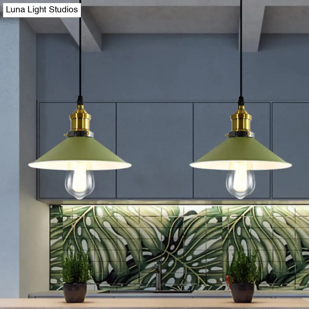 Industrial Metal Cone Pendant Light with Green/Grey Shade for Restaurants - 1-Light Hanging Lamp