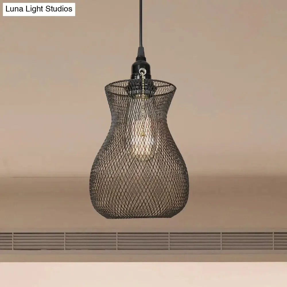 Industrial Metal Pendant Light with Black Wire Cage - Stylish Dining Room Hanging Fixture