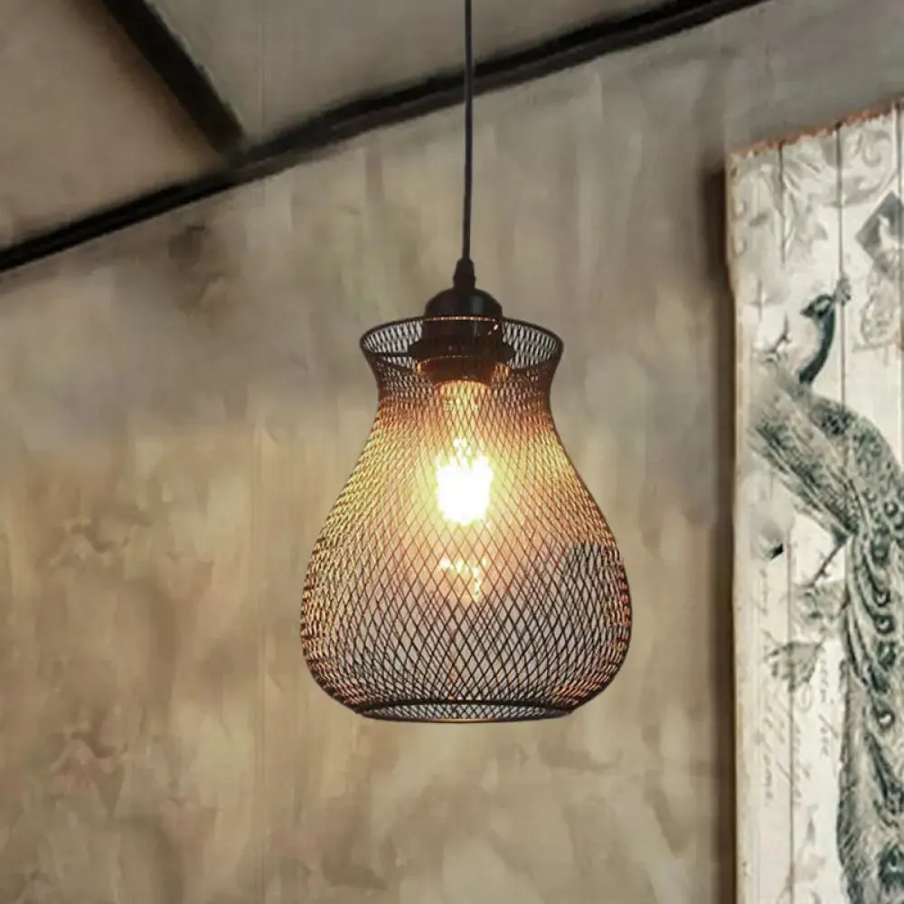 Industrial Metal Pendant Light with Black Wire Cage - Stylish Dining Room Hanging Fixture