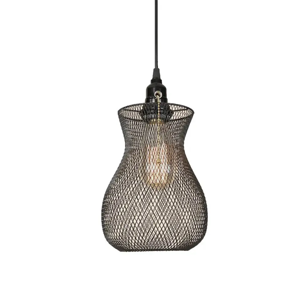 Industrial Metal Pendant Light with Black Wire Cage - Stylish Dining Room Hanging Fixture