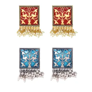 Kairangi Stud Earrings for Women Combo of 2 Pairs Red and Blue Meenakari Moti Design Traditional Stud Earrings for Women and Girls