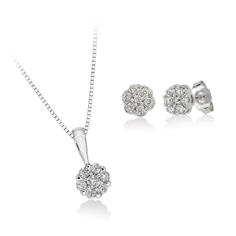 KATARINA Diamond Floral Cluster Earrings and Pendant with Box Chain, Set (1/2 cttw)