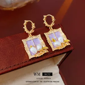 Luxurious Quadrilateral Geometric Pearl Oil Dripping Earrings