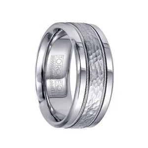 Men’s Cobalt Hammered 14k White Gold Inlay & Milgrain Wedding Band - 9mm