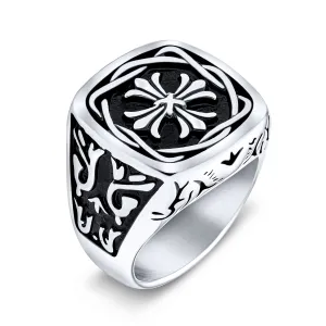 Mens Stainless Steel Medieval Viking Maltese Cross Signet Ring Oxidized Silver Tone