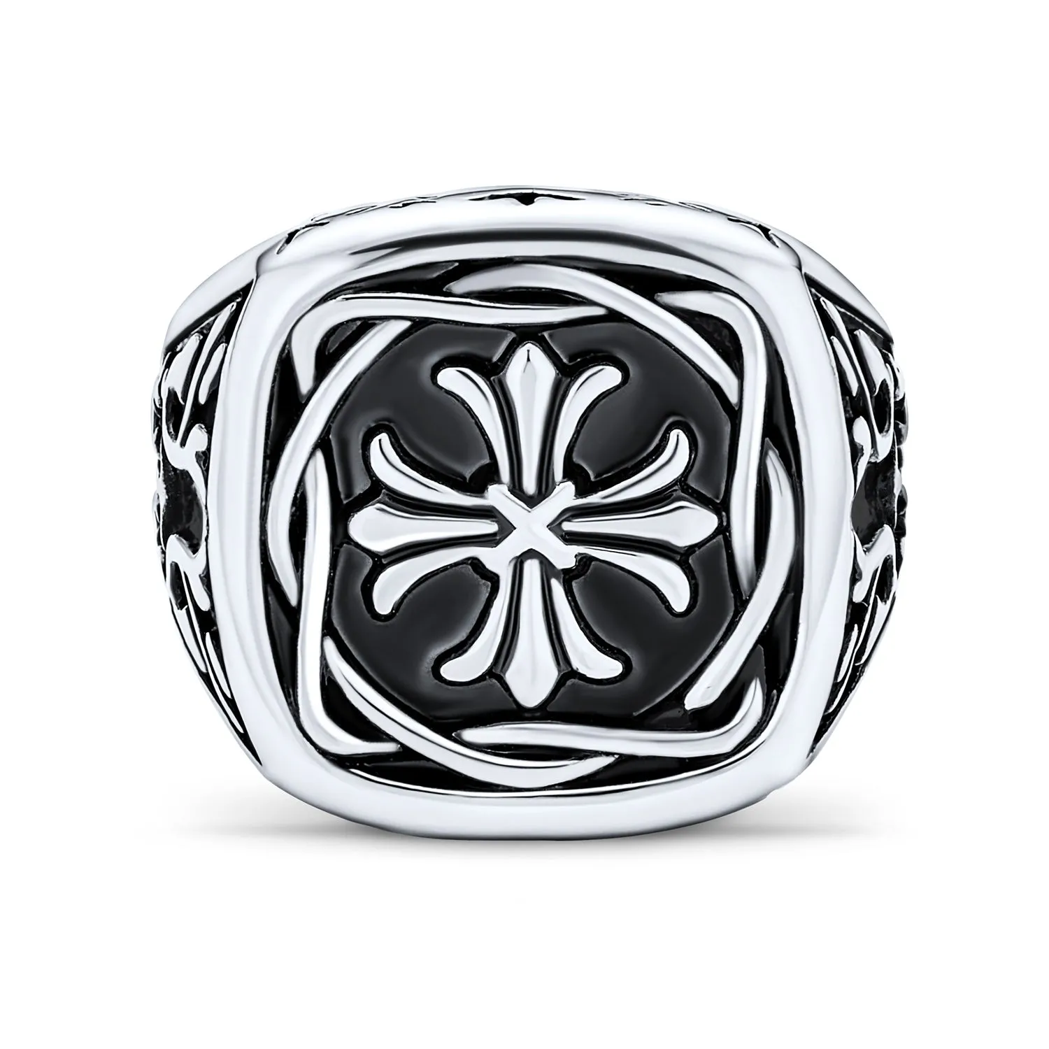 Mens Stainless Steel Medieval Viking Maltese Cross Signet Ring Oxidized Silver Tone