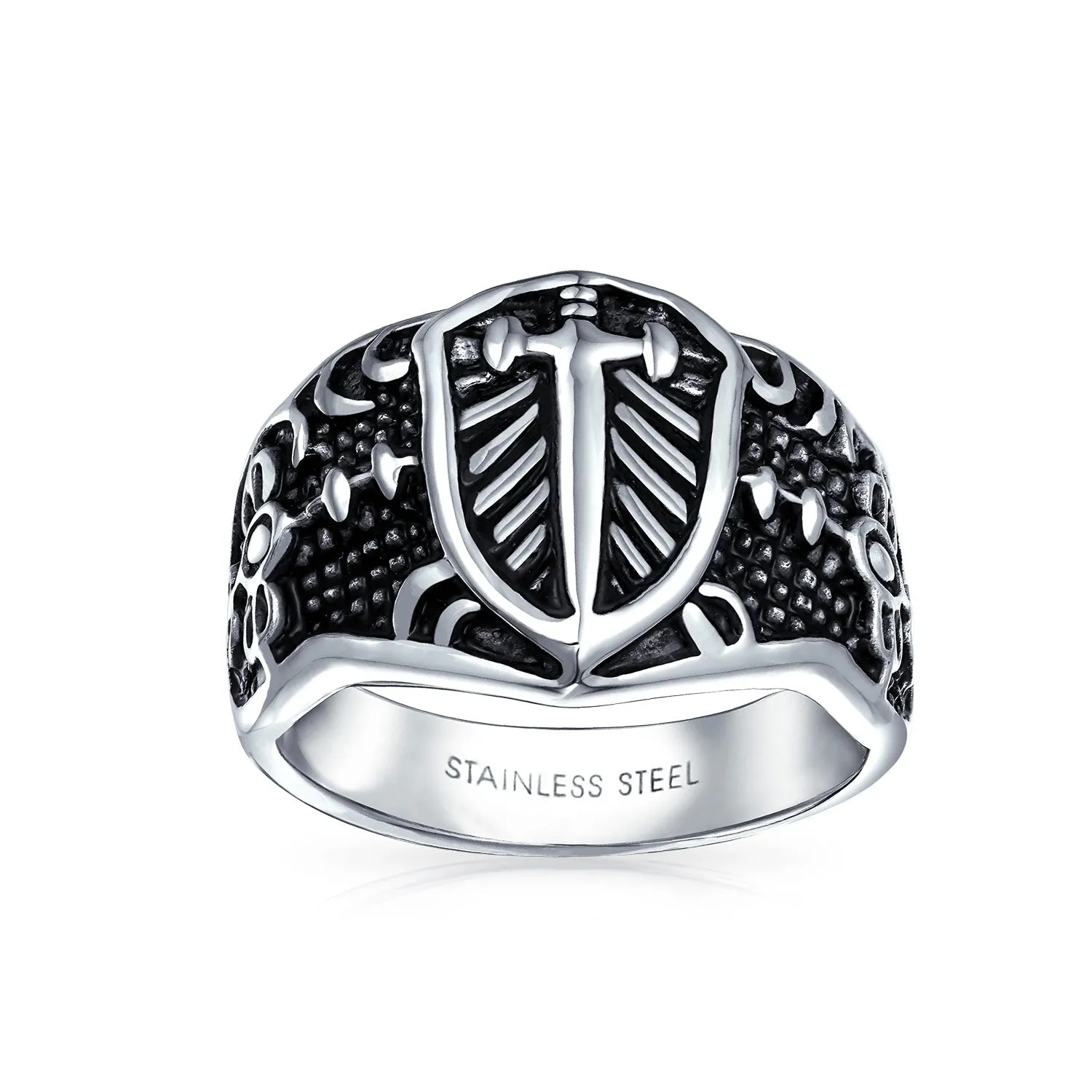 Mens Stainless Steel Viking Shield Cross Signet Ring Oxidized Silver Tone