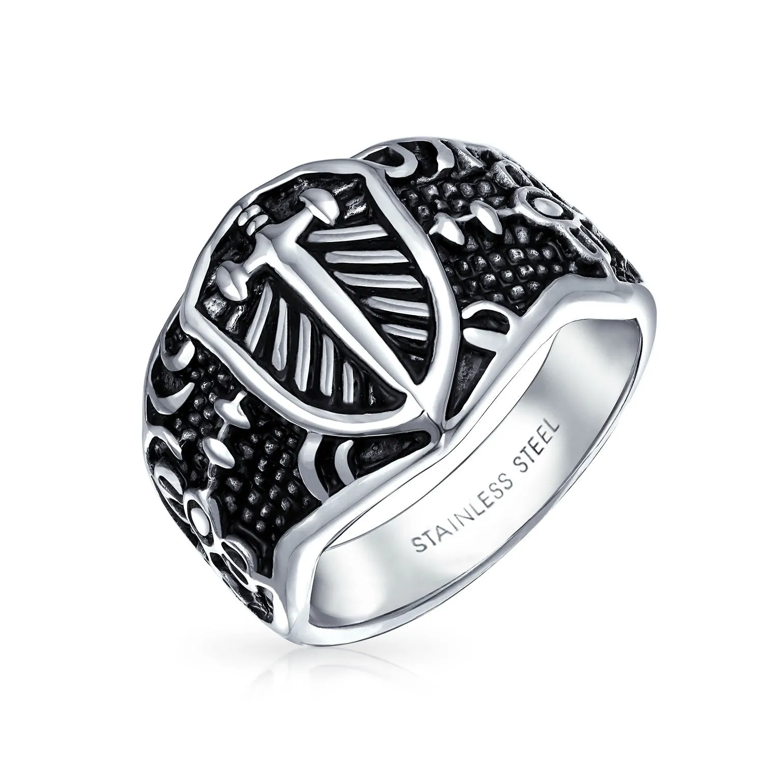 Mens Stainless Steel Viking Shield Cross Signet Ring Oxidized Silver Tone