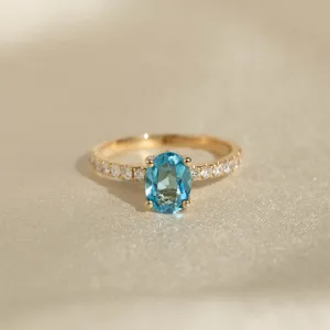 Oval Swiss Blue Topaz and Diamond Ring 14k Gold - Minette