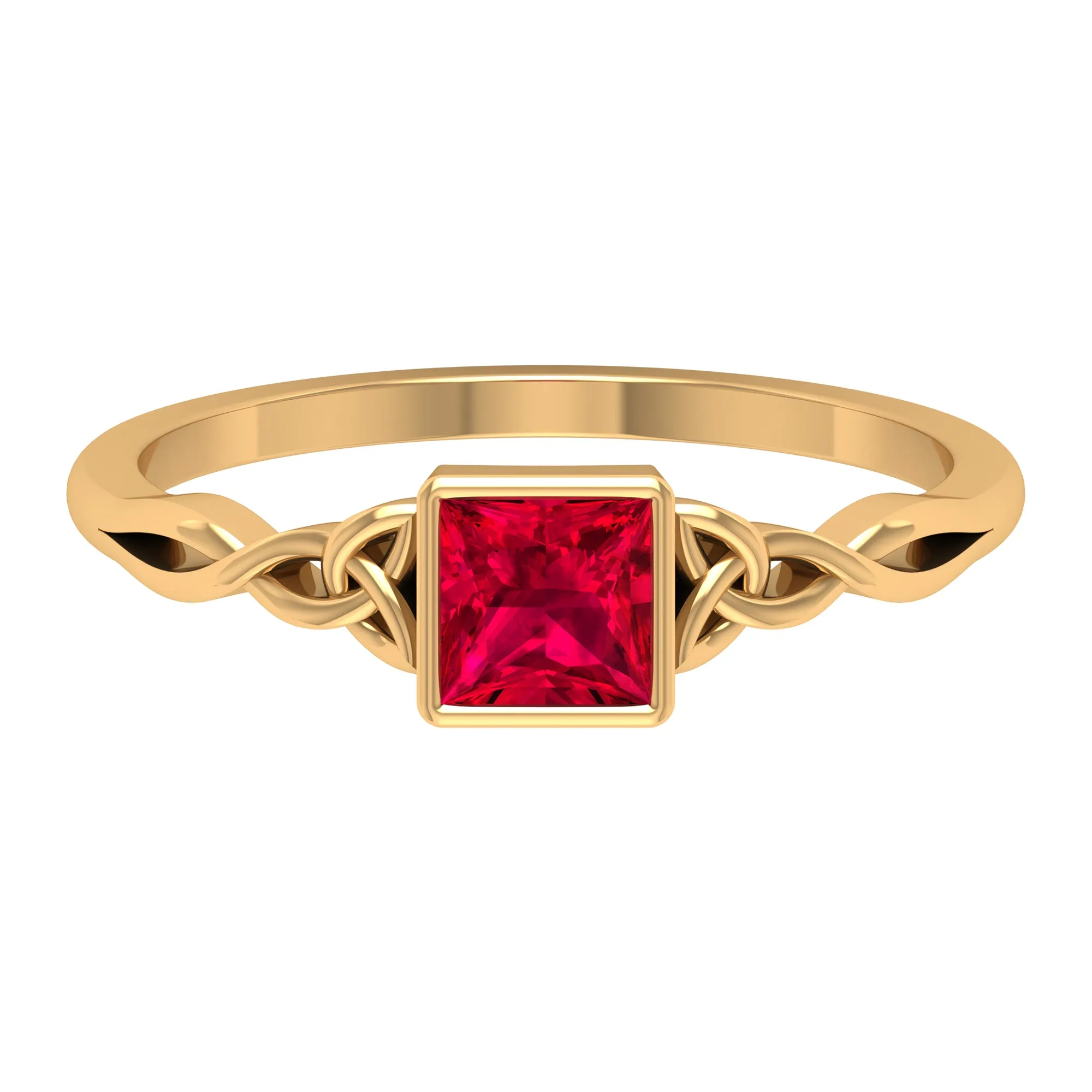 Princess Cut Solitaire Created Ruby Celtic Knot Ring in Bezel Setting