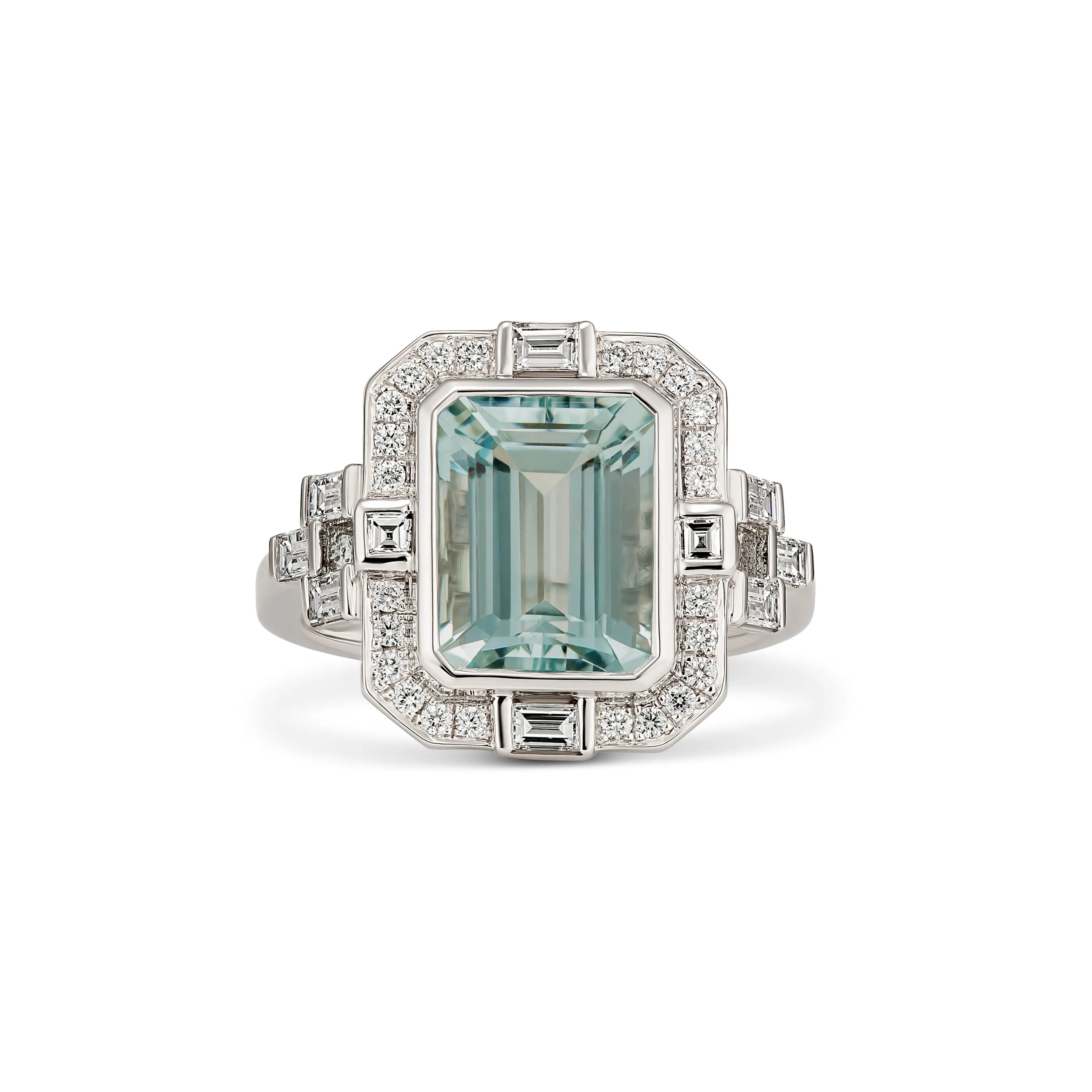 Regal Collection® Aquamarine Emerald Cut Ring with Diamond Halo | White Gold