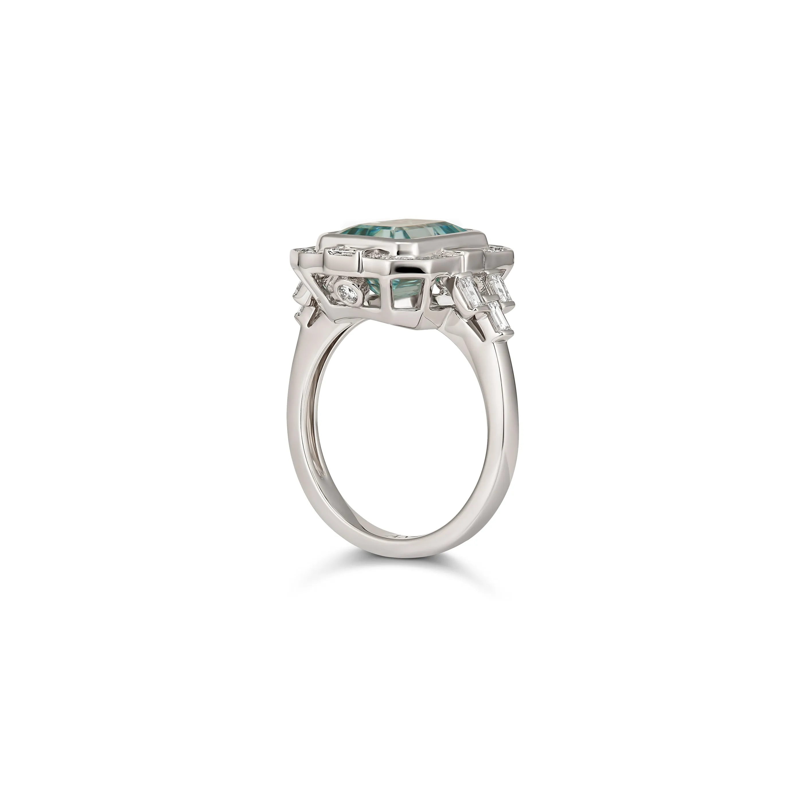 Regal Collection® Aquamarine Emerald Cut Ring with Diamond Halo | White Gold