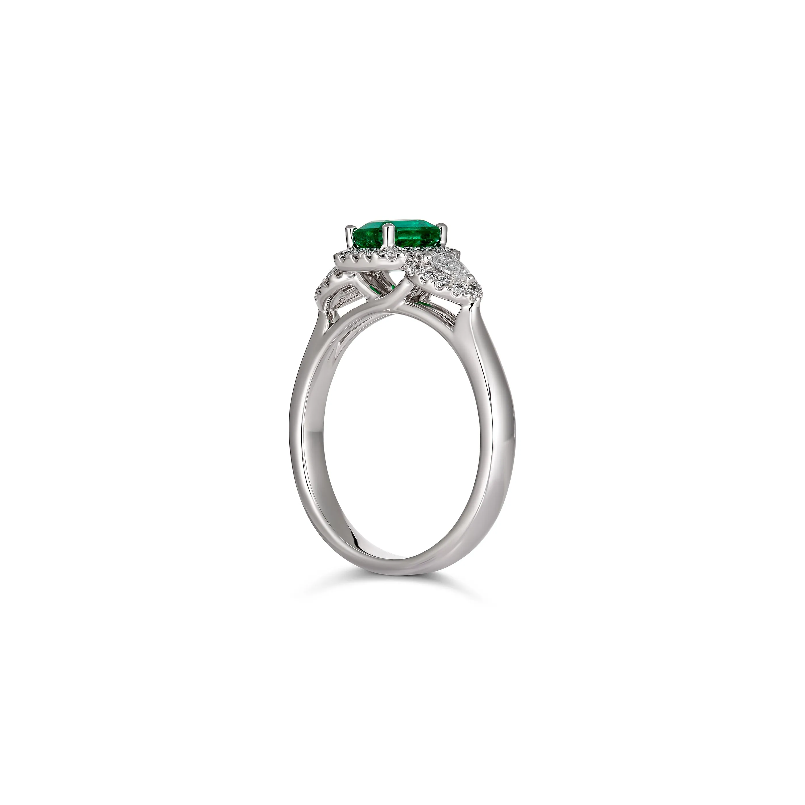 Regal Collection® Emerald Cut Emerald Gemstone Three Stone Ring | White Gold