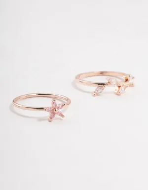 Rose Gold Plated Flower Vine Cubic Zirconia Rings 2-Pack