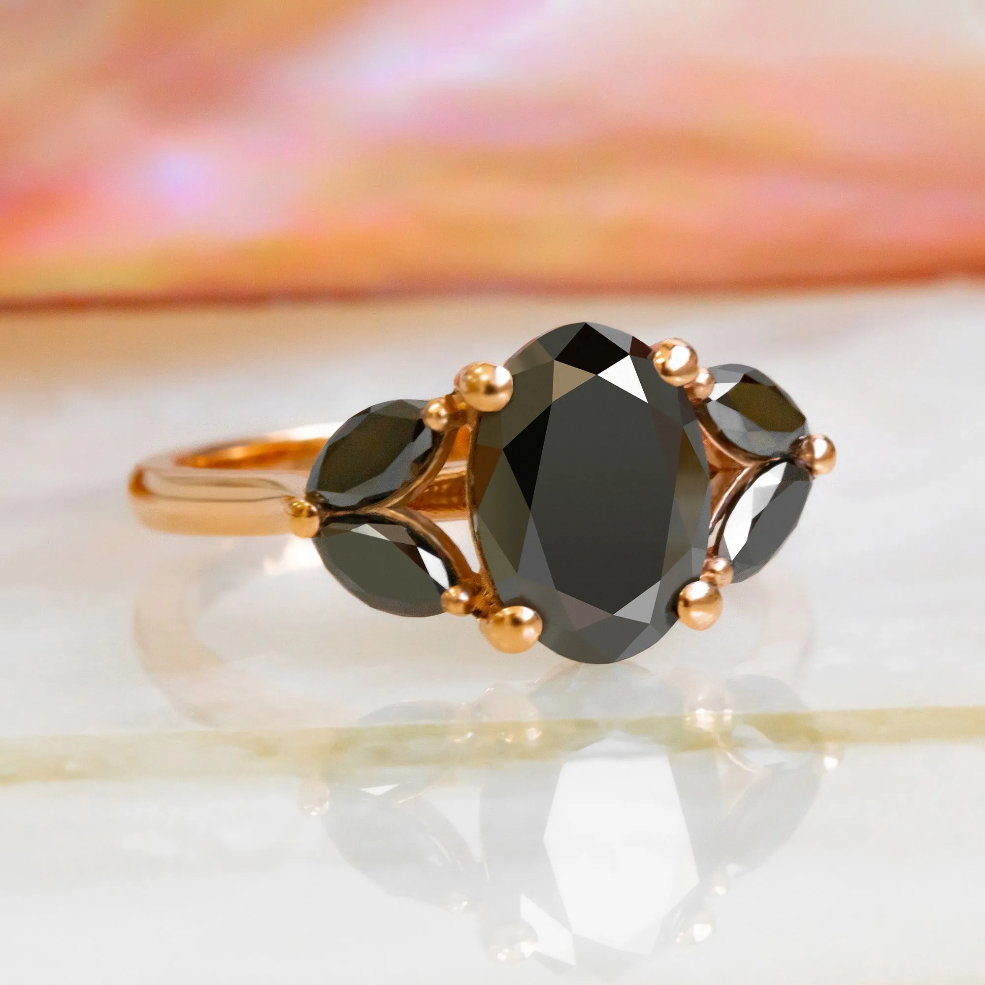 Rosette  Floral   Natural Black Diamond Oval Engagement Ring