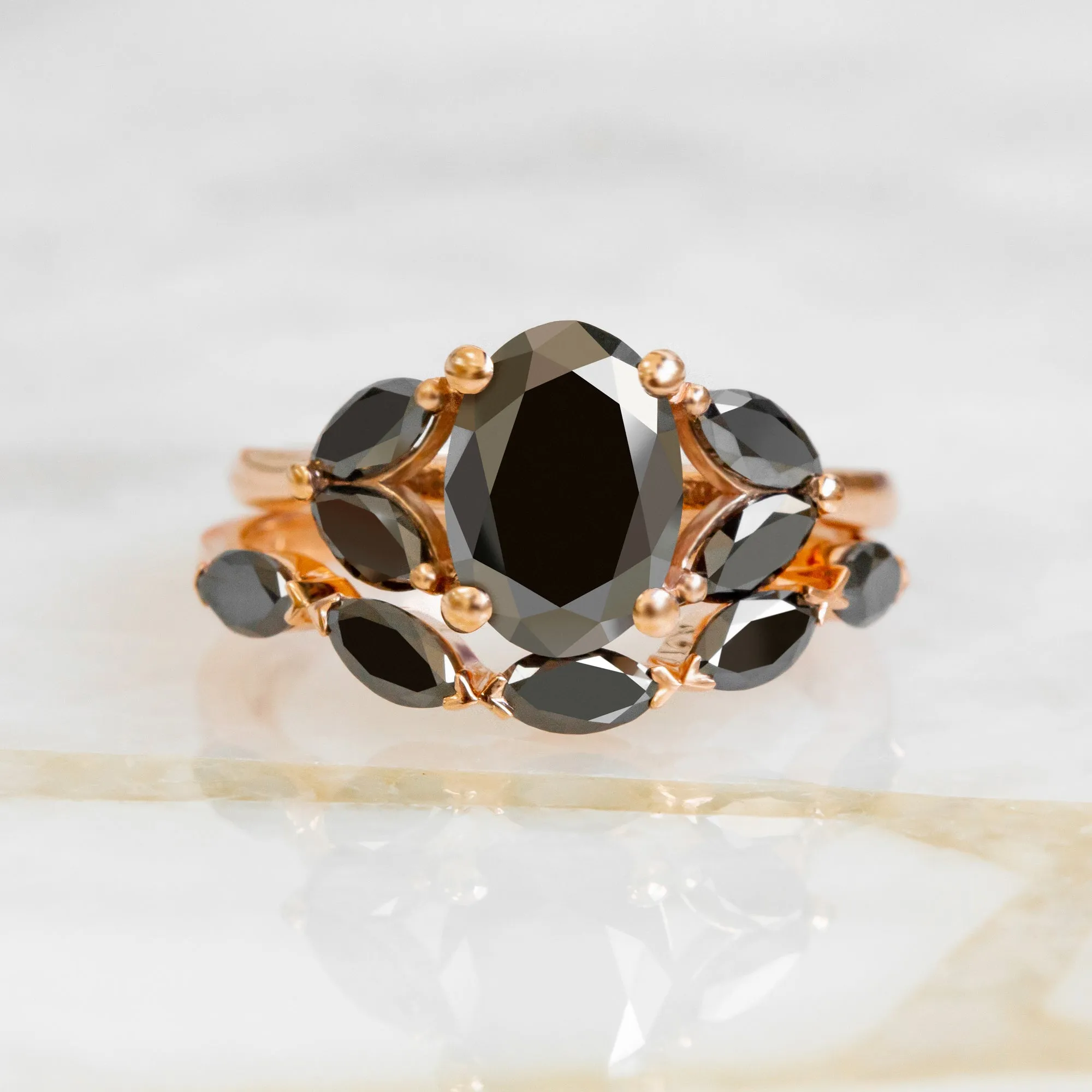 Rosette  Floral   Natural Black Diamond Oval Engagement Ring