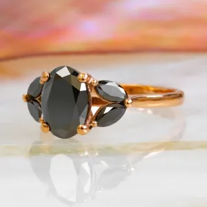 Rosette  Floral   Natural Black Diamond Oval Engagement Ring