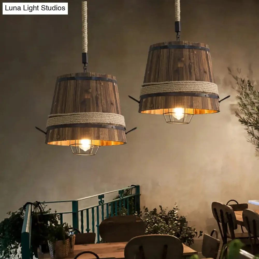 Rustic Wooden Bucket Pendant Light - Stylish Hanging Lamp for Bar