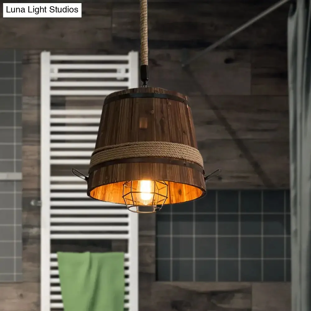 Rustic Wooden Bucket Pendant Light - Stylish Hanging Lamp for Bar