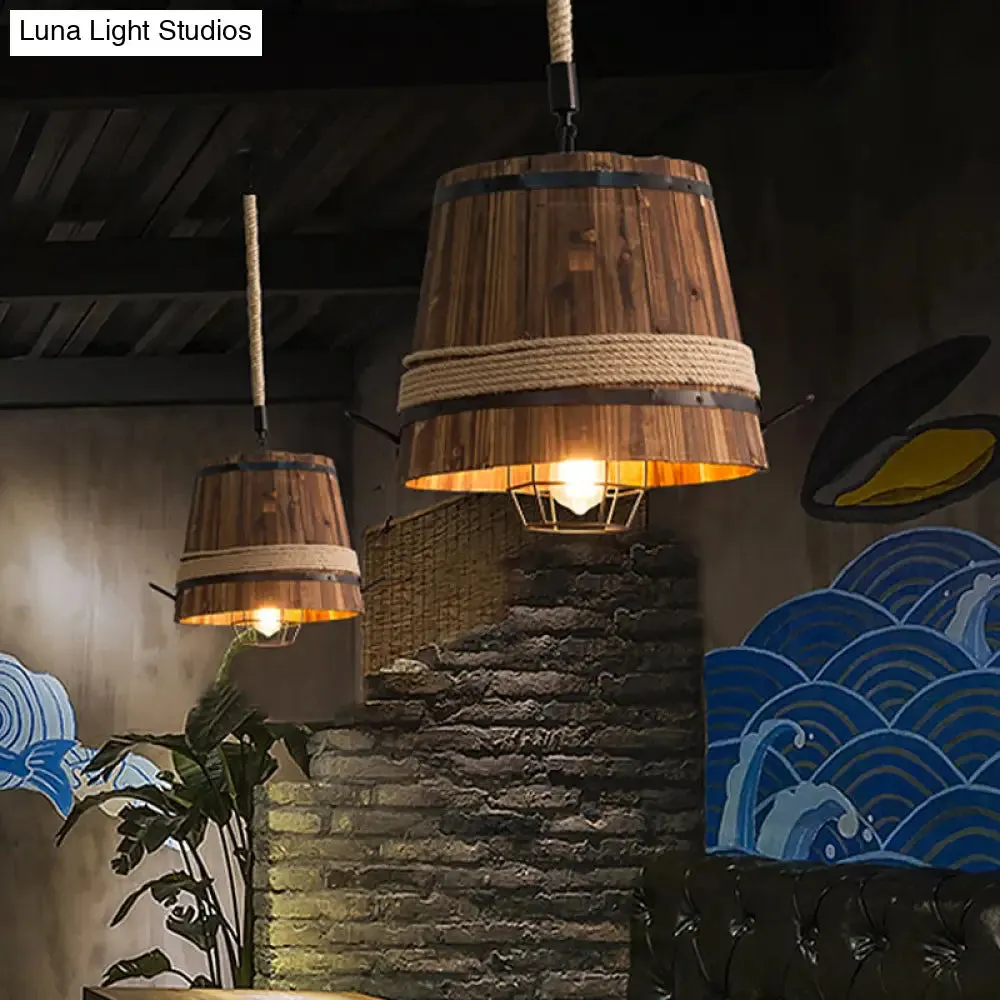 Rustic Wooden Bucket Pendant Light - Stylish Hanging Lamp for Bar