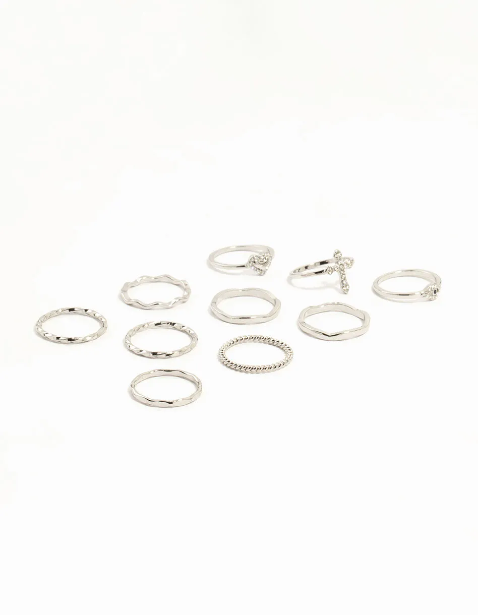 Silver Plated Gothic Cross & Twisted Stacking Rings 12-Pack