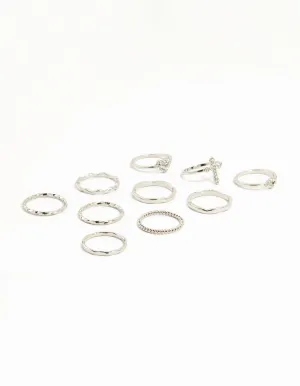 Silver Plated Gothic Cross & Twisted Stacking Rings 12-Pack